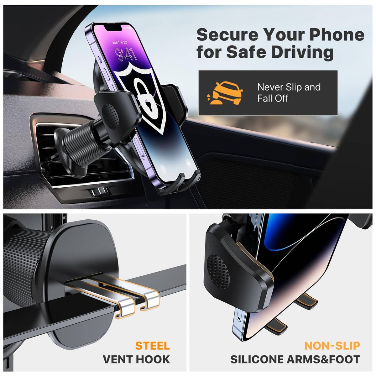 Car phone holder with steel vent hook and silicone anti-slip arms in dark black