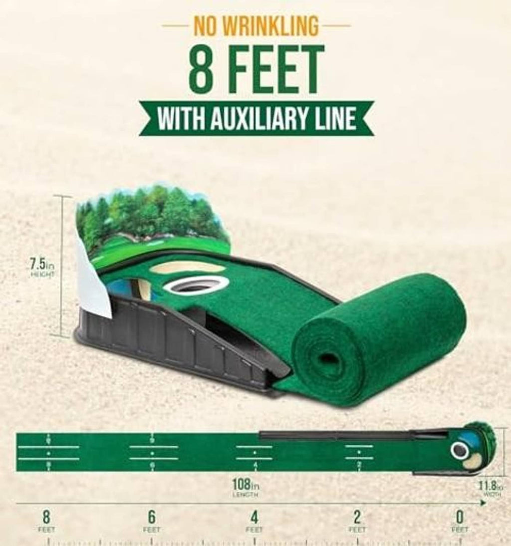 Green golf putting mat rolled up with auxiliary alignment lines and cup end feature