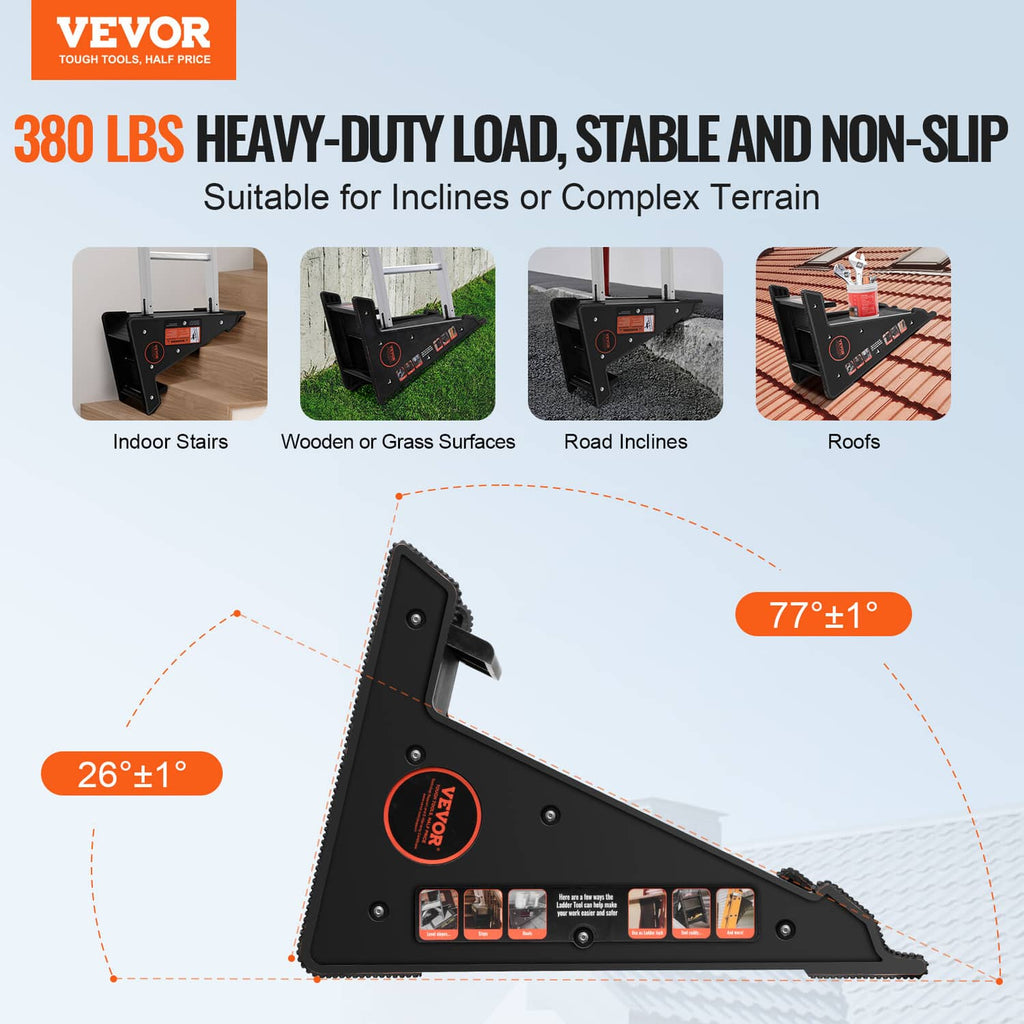 Black ladder leveling tool with textured ramp surface and non-slip side grips
