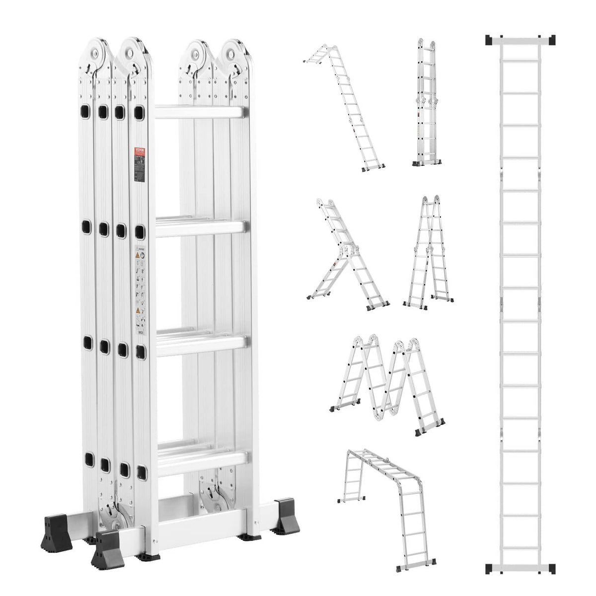 4-step folding ladder in tall extended position, white frame with black stabilizer feet