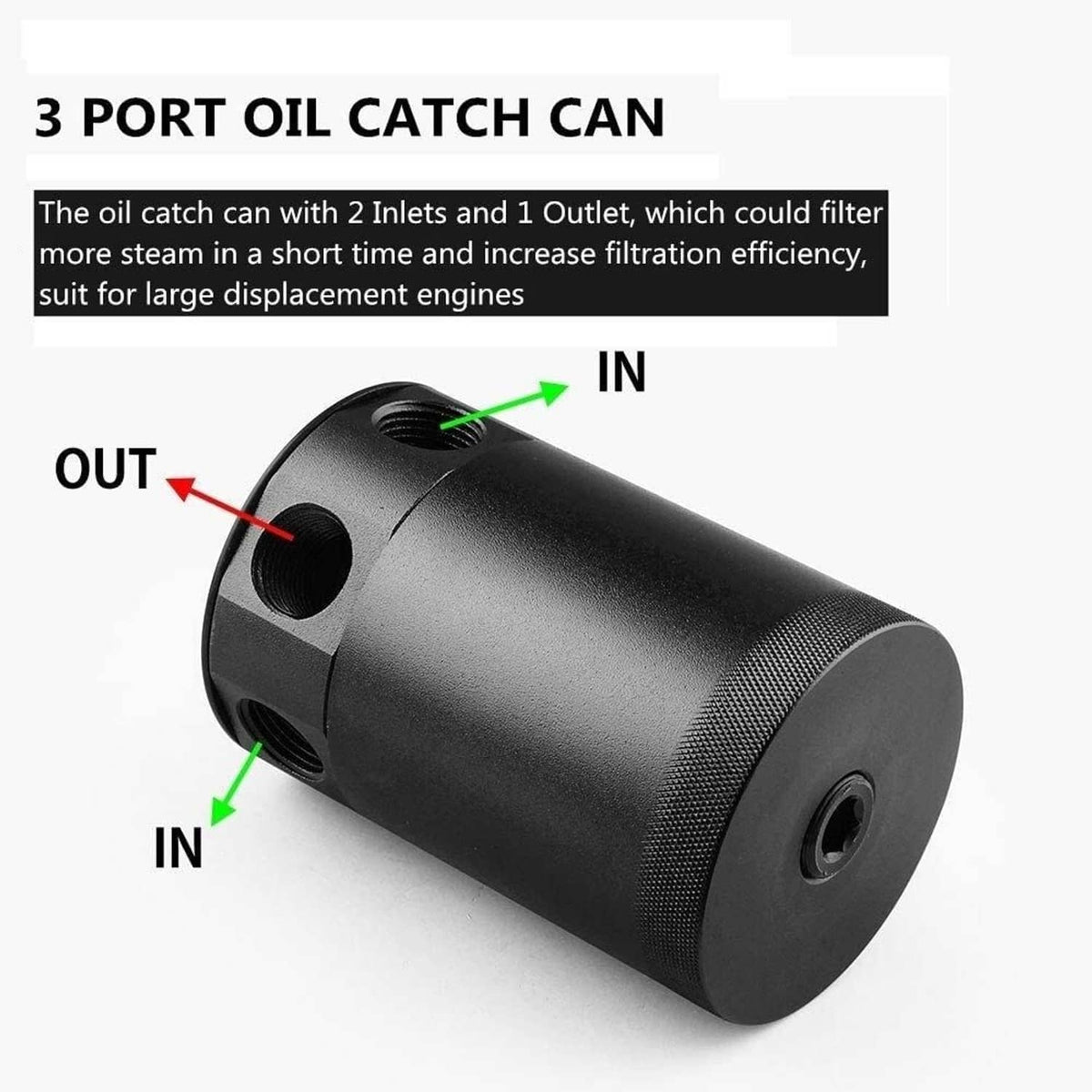 Black 3-port oil catch can showing IN and OUT port openings on side