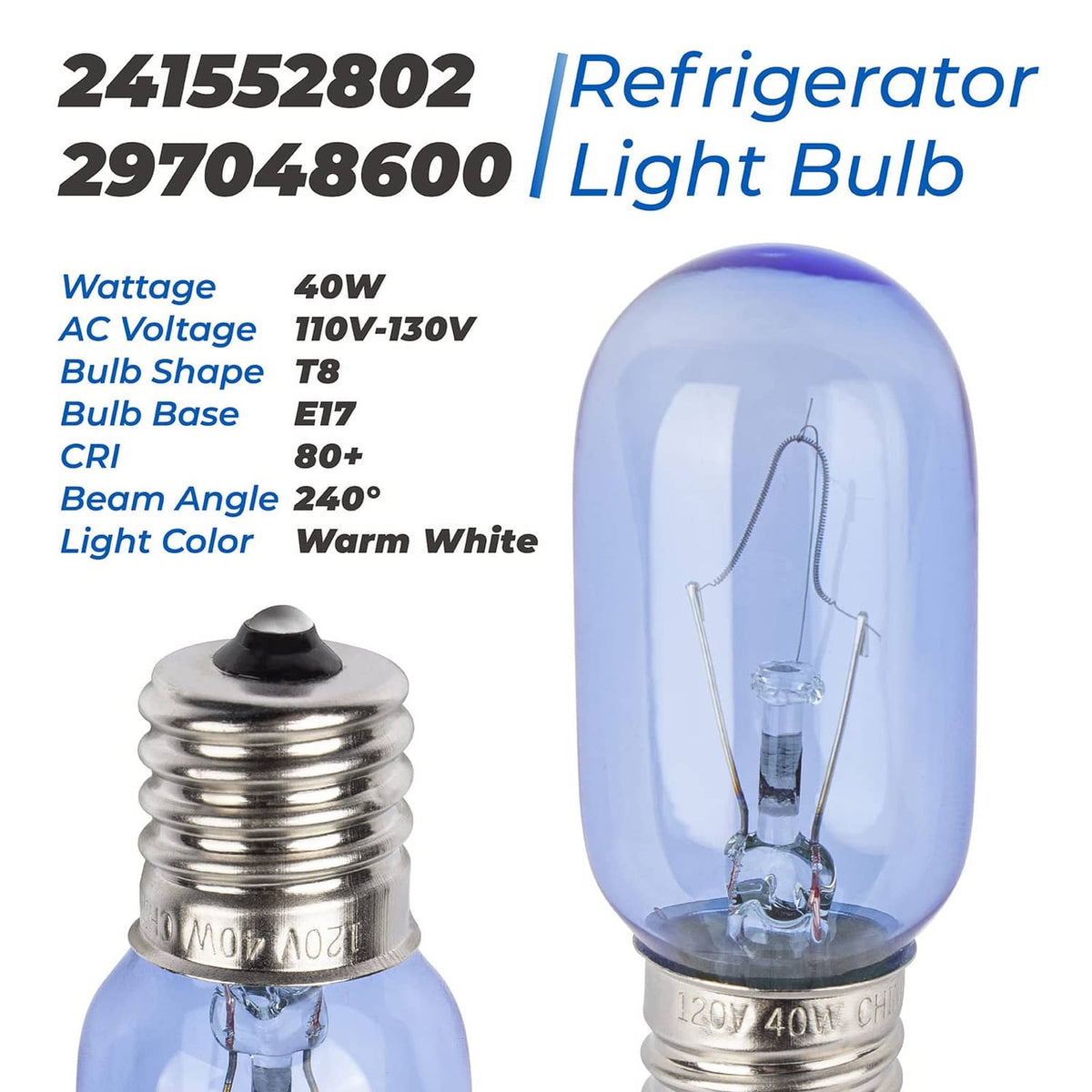 Refrigerator light bulb replacement, blue glass T8 bulb, E17 base, 40W 120V