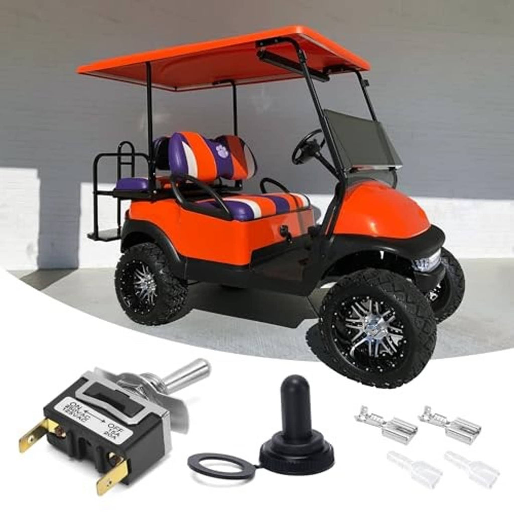 Electric switch and wiring parts shown with an orange golf cart