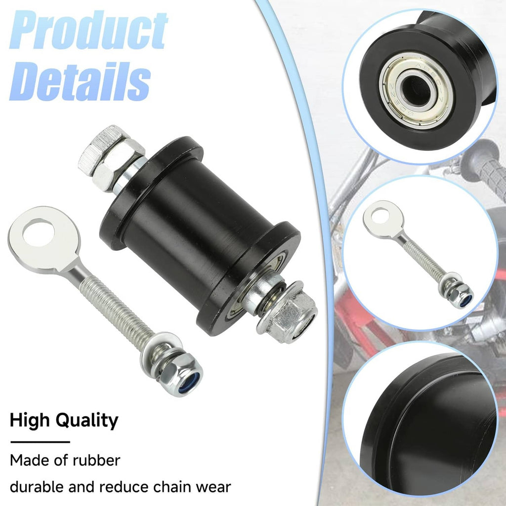Chain tensioner product detail: black roller housing, metal axle bolts and washers
