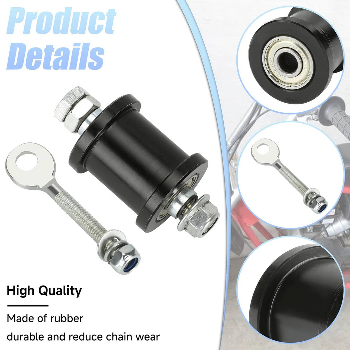 Chain tensioner product detail: black roller housing, metal axle bolts and washers