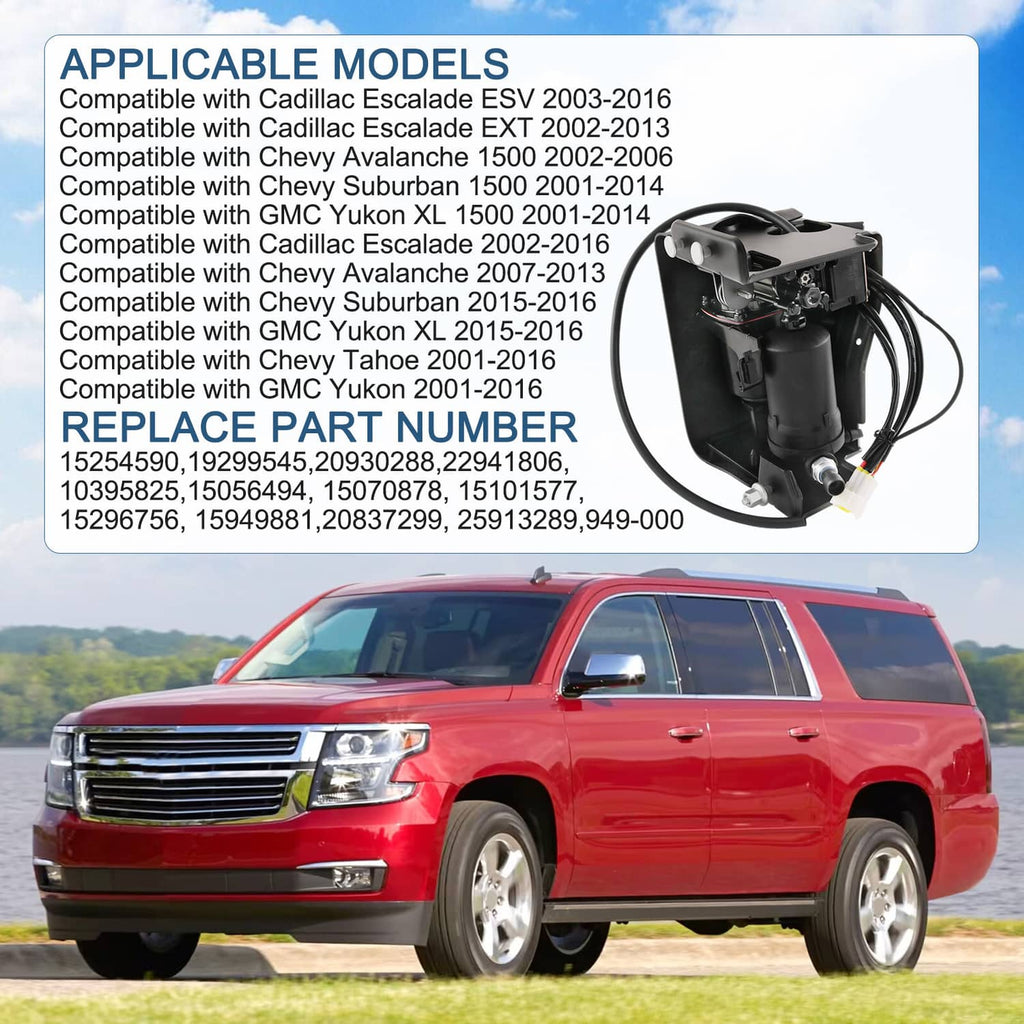 Air compressor unit with model compatibility card and red SUV in background
