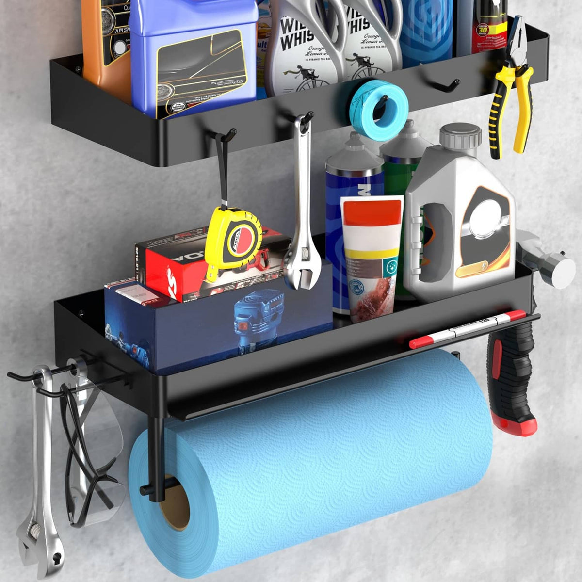 ZUNTO black garage organizer shelf with hooks, tools, and blue roll holder