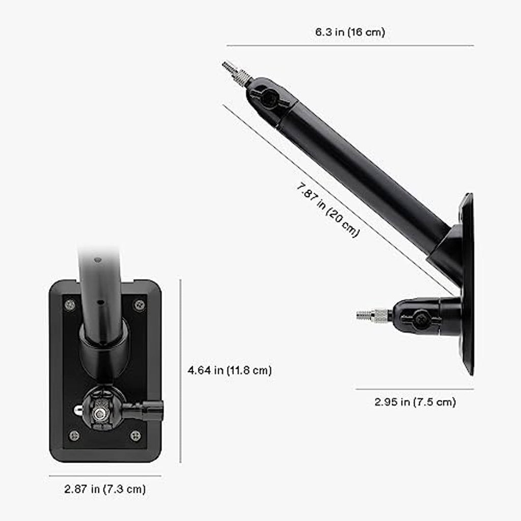 Black wall mount diagram with labeled measurements for arm length and base size