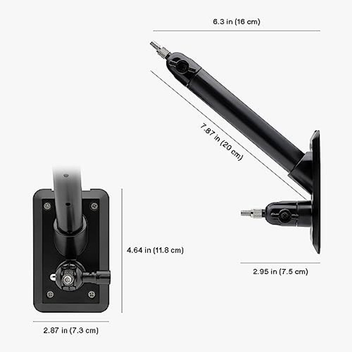 Black wall mount diagram with labeled measurements for arm length and base size