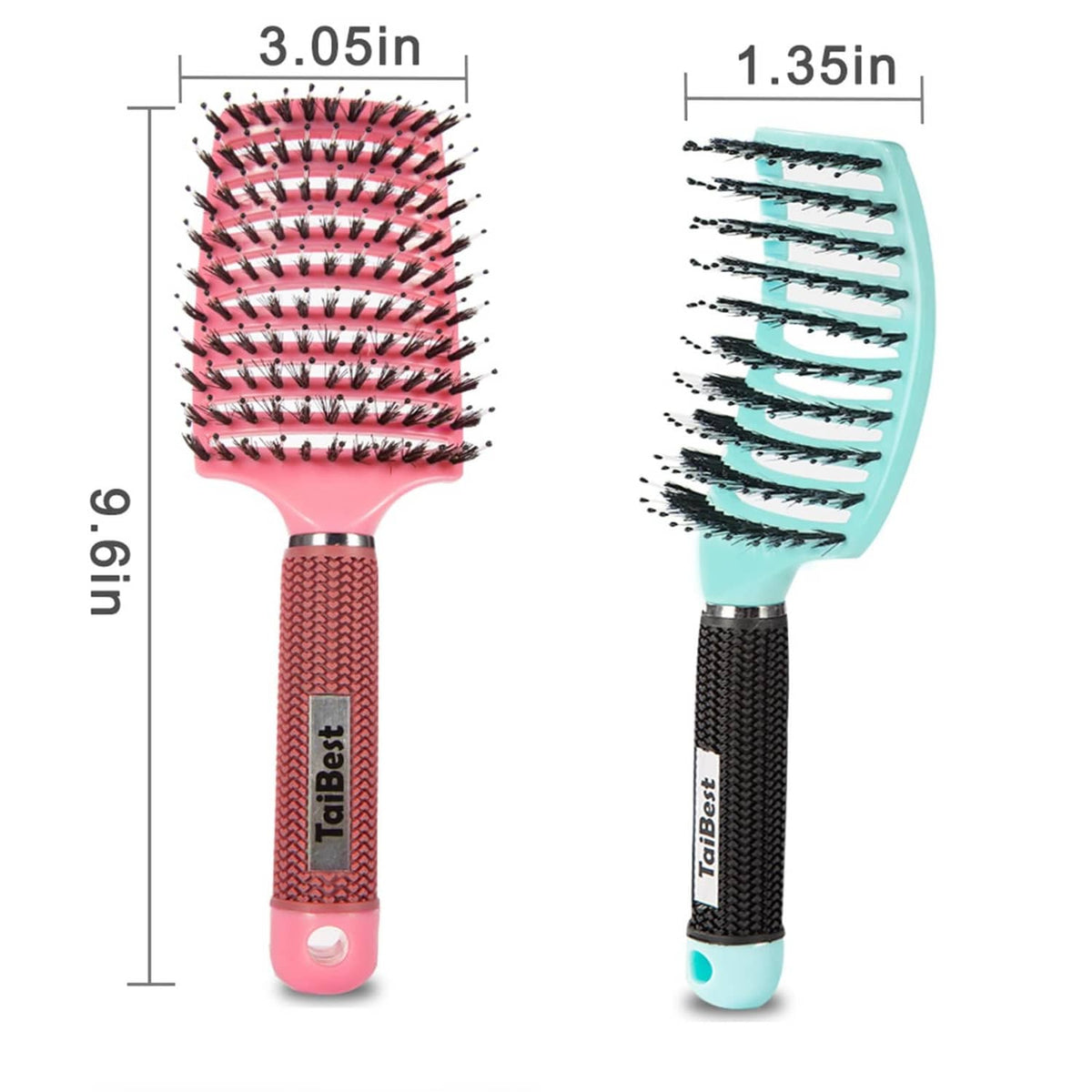 Pair of paddle hair brushes in pink and teal with textured grips and black bristles