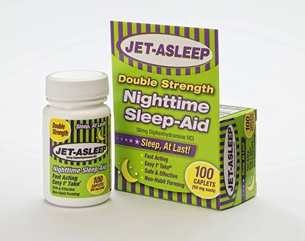 Jet-Asleep double strength nighttime sleep-aid bottle and box, 100 caplets