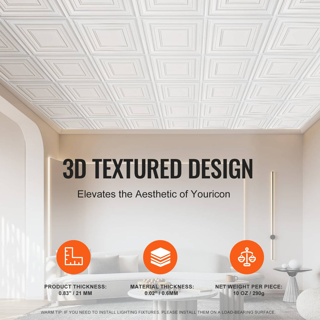 White ceiling tile with concentric square raised relief and repeating pattern across panels