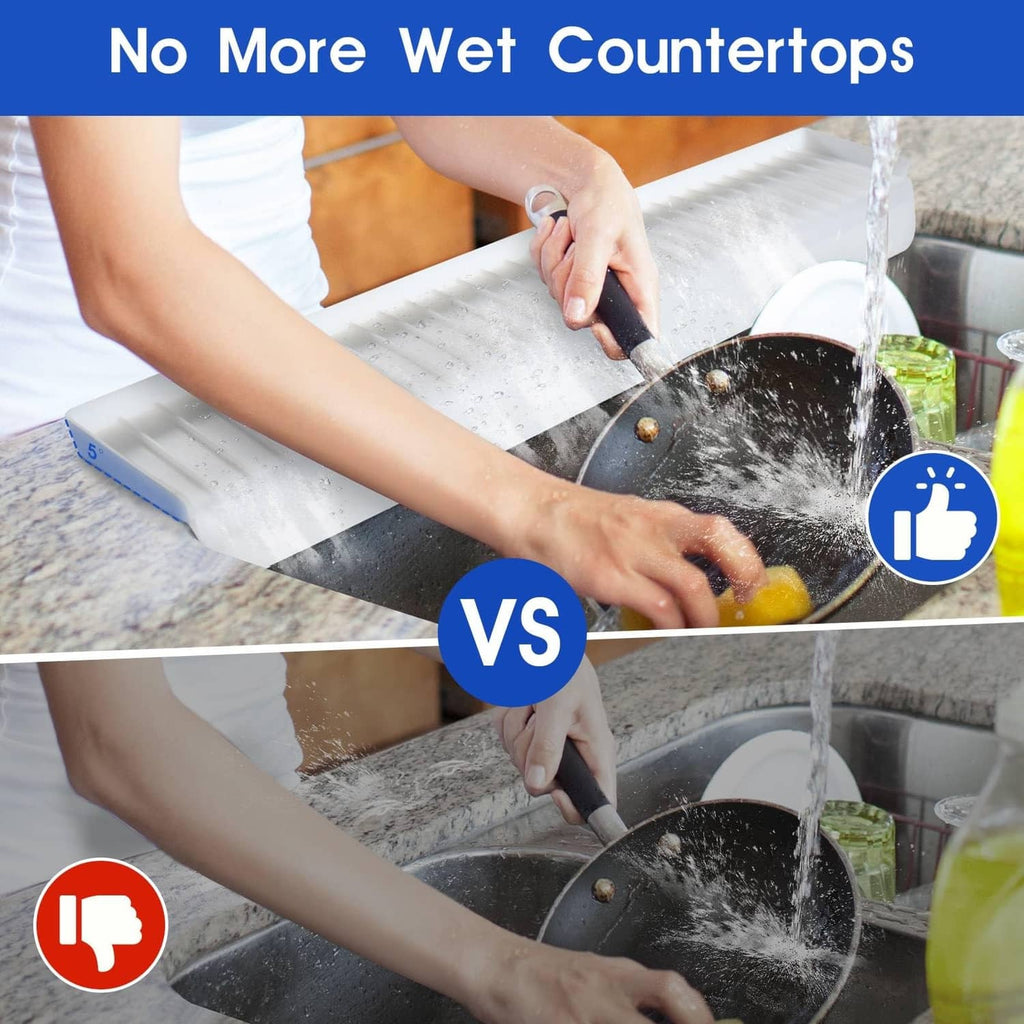 Transparent silicone sink edge protector installed on sink rim, splash shield