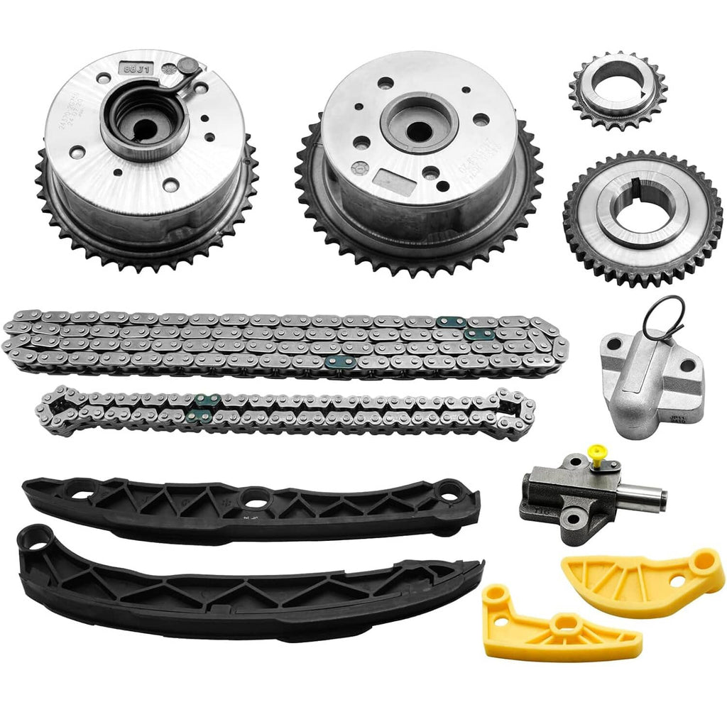 Timing chain kit with cam gears, chain links, black and yellow guides, tensioner