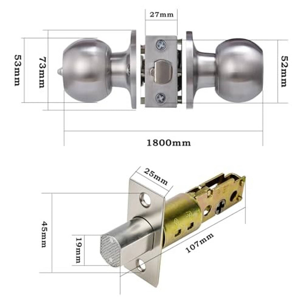 Silver door knob and deadbolt hardware with cylinder and backplate, keyed