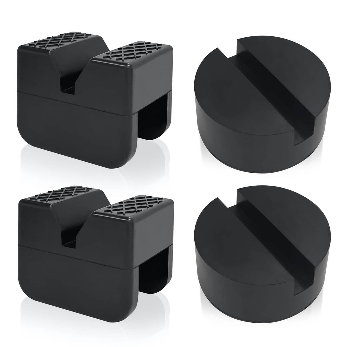 Black universal jack pad set with two rubber blocks and two semicircle rail protectors