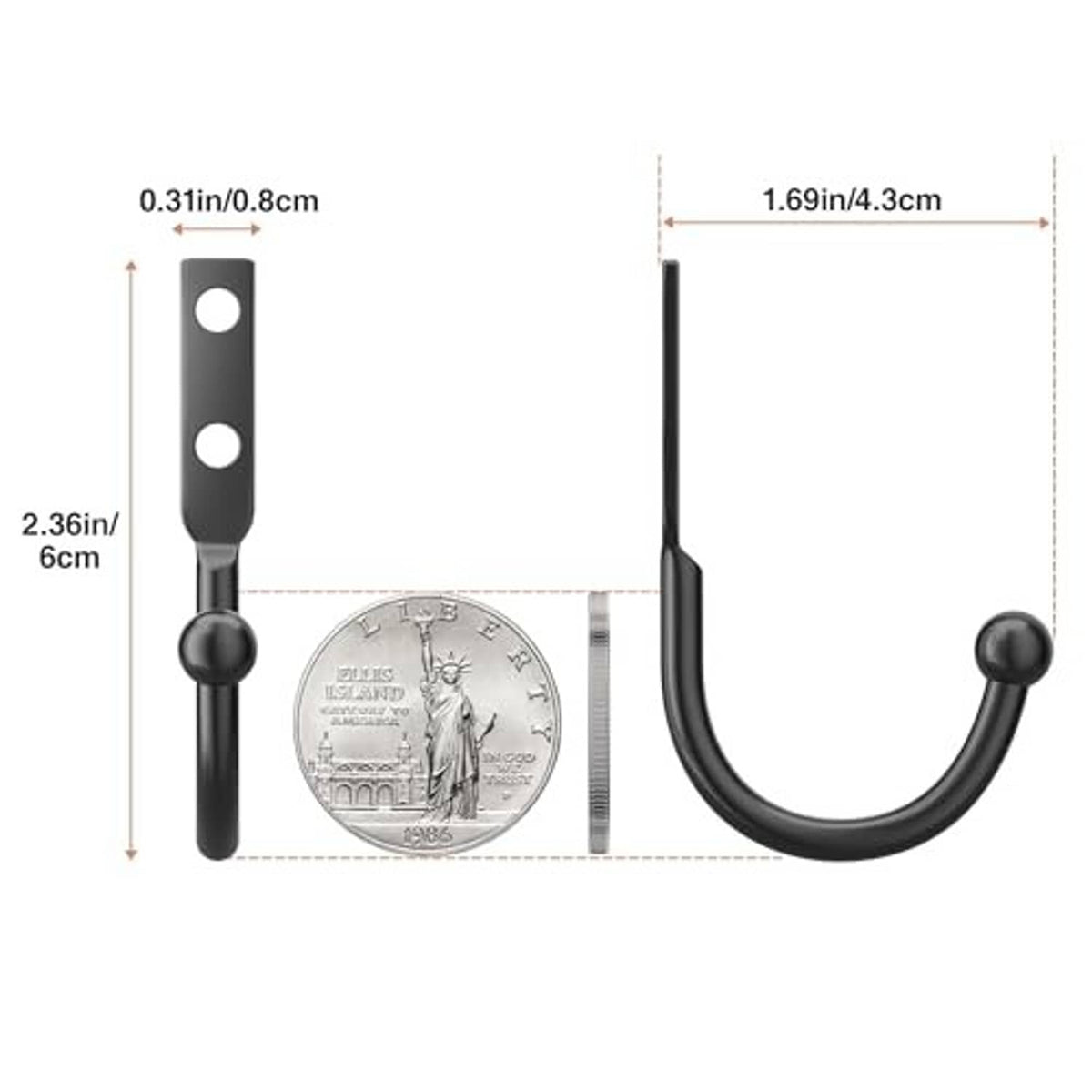 Black metal wall hook with two mounting holes and curved grip, size shown