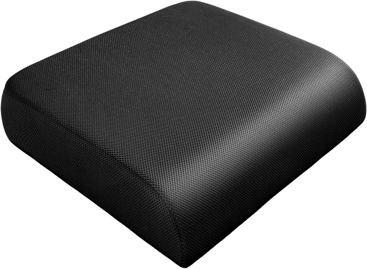 Dark fabric seat cushion with contoured top and rounded corners