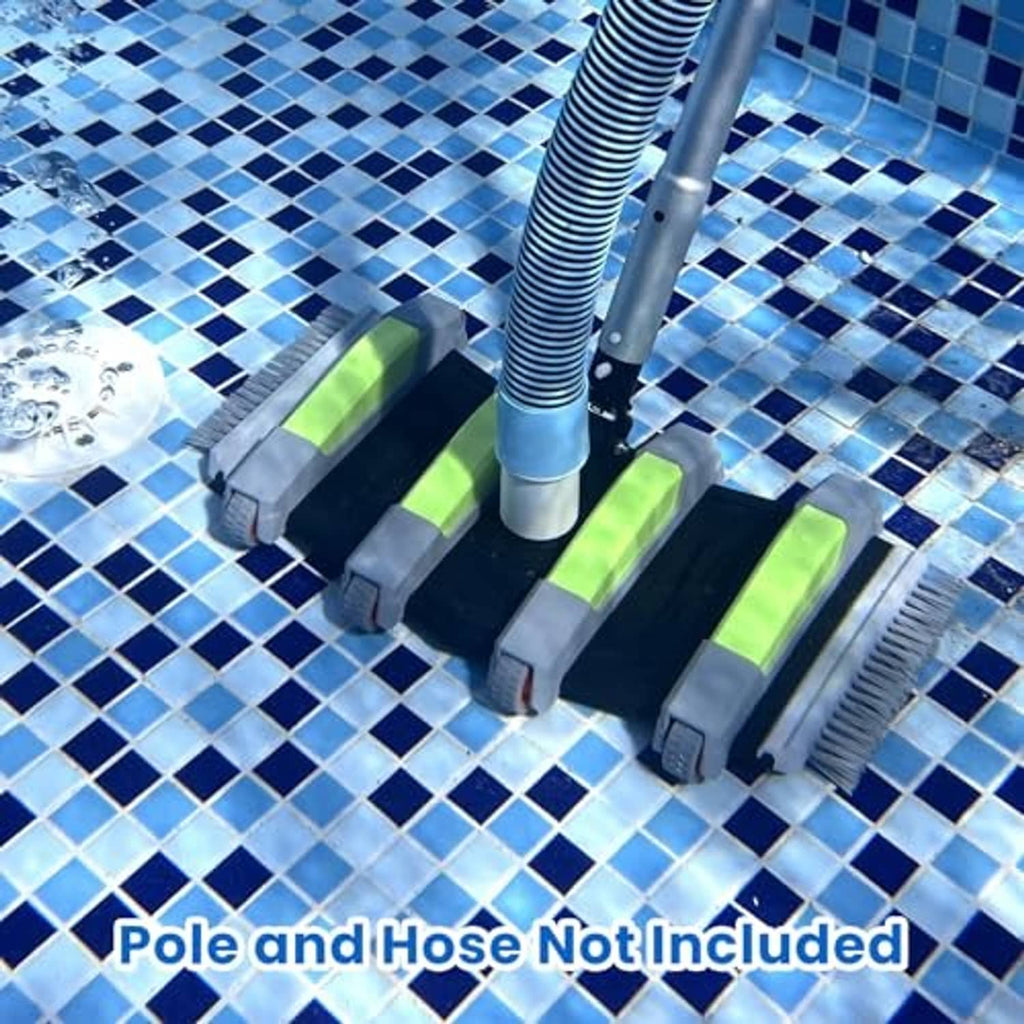 Pool vacuum head with silver pole, lime-green brush bars and black base with wheels.