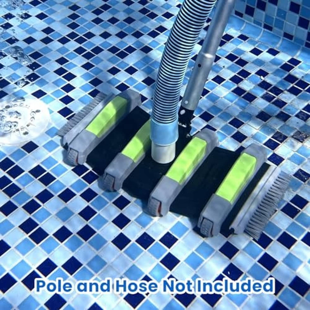 Pool vacuum head with silver pole, lime-green brush bars and black base with wheels.