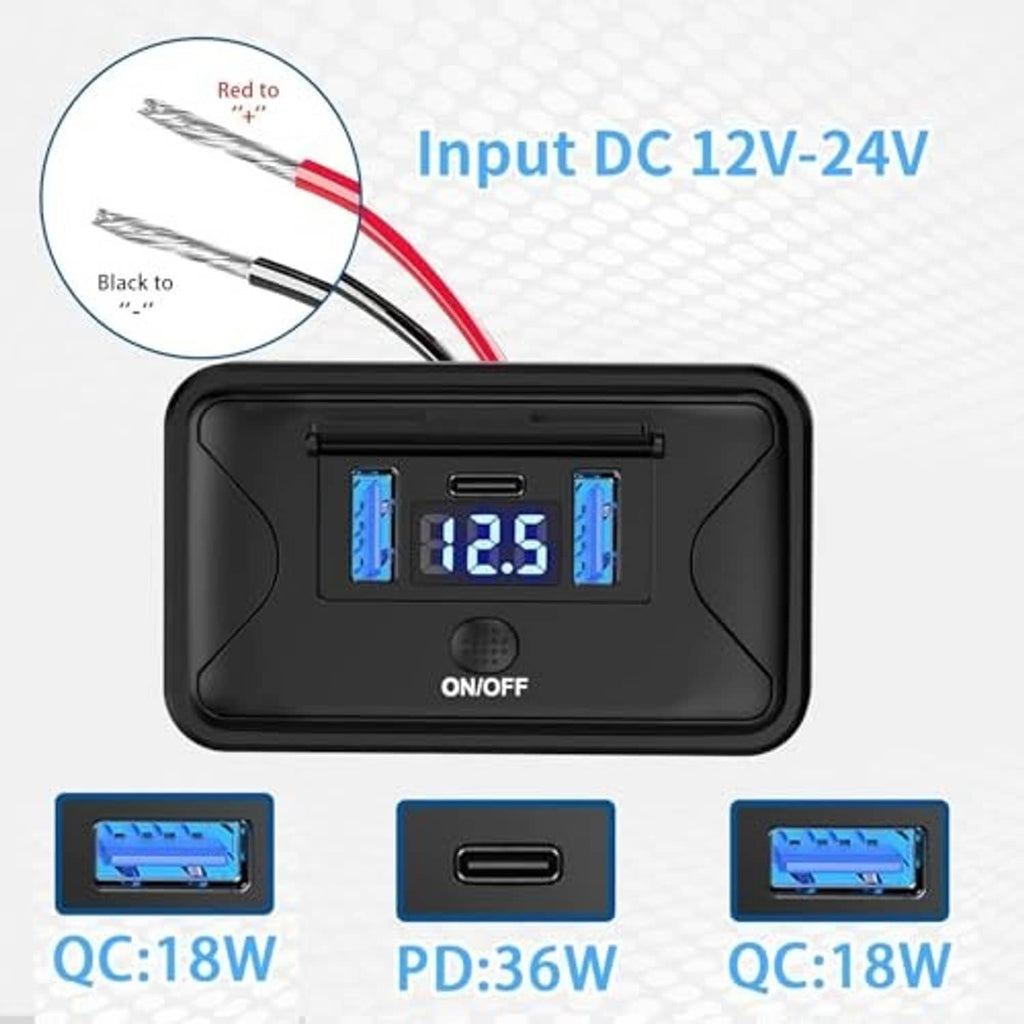 Black USB charging socket panel with digital readout, USB-C and dual USB-A ports