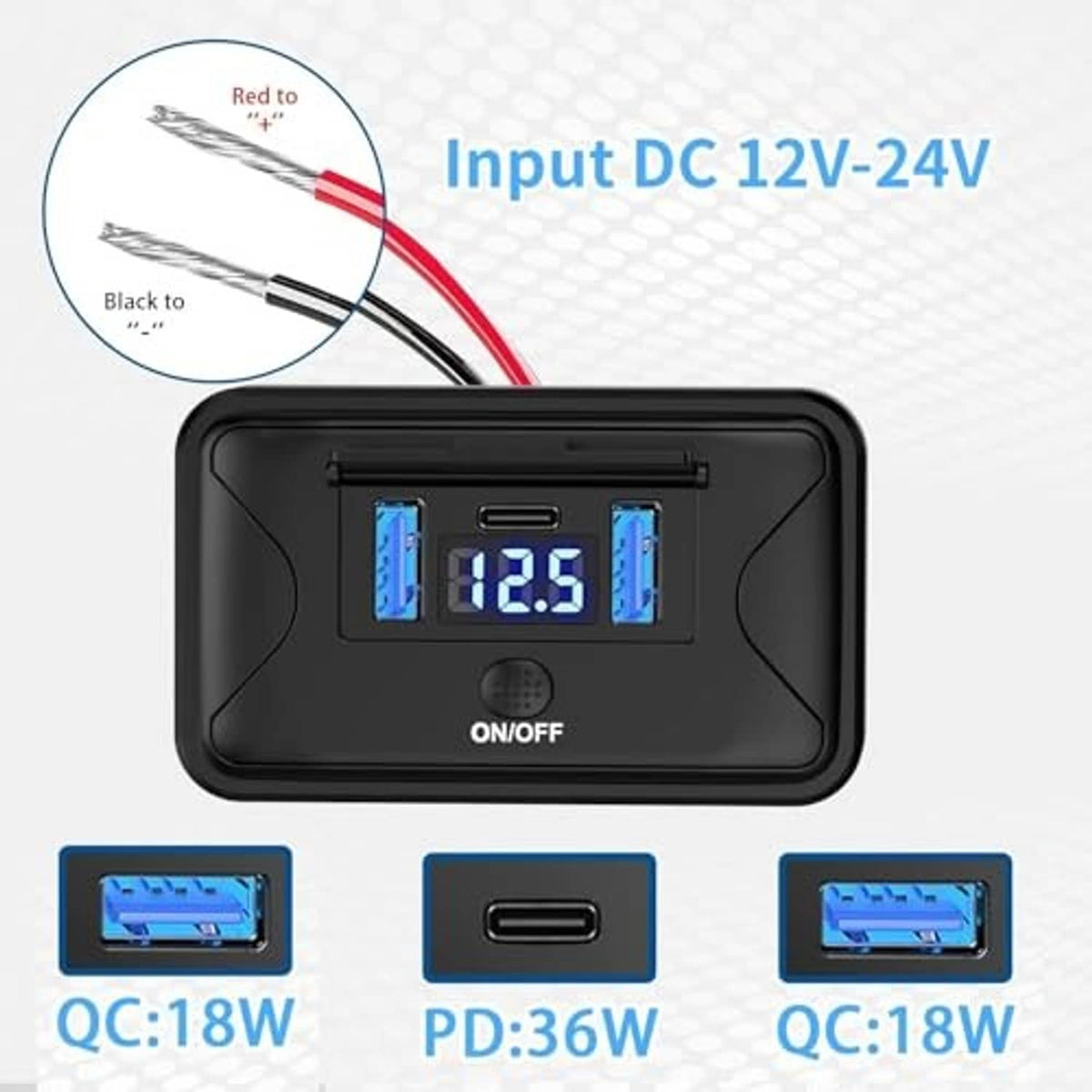 Black USB charging socket panel with digital readout, USB-C and dual USB-A ports