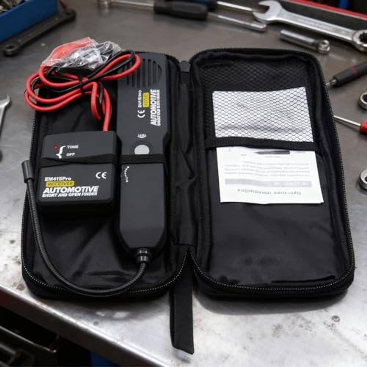 Wire finder tester kit in black zip case with receiver unit and mesh storage pocket