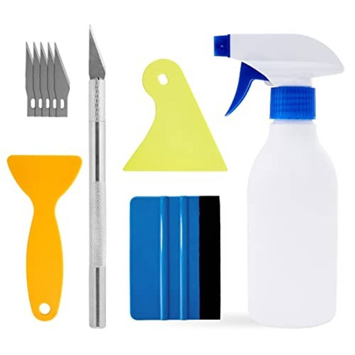 Vinyl wrap smoothing kit with blade scraper, blue squeegee card, and spray bottle
