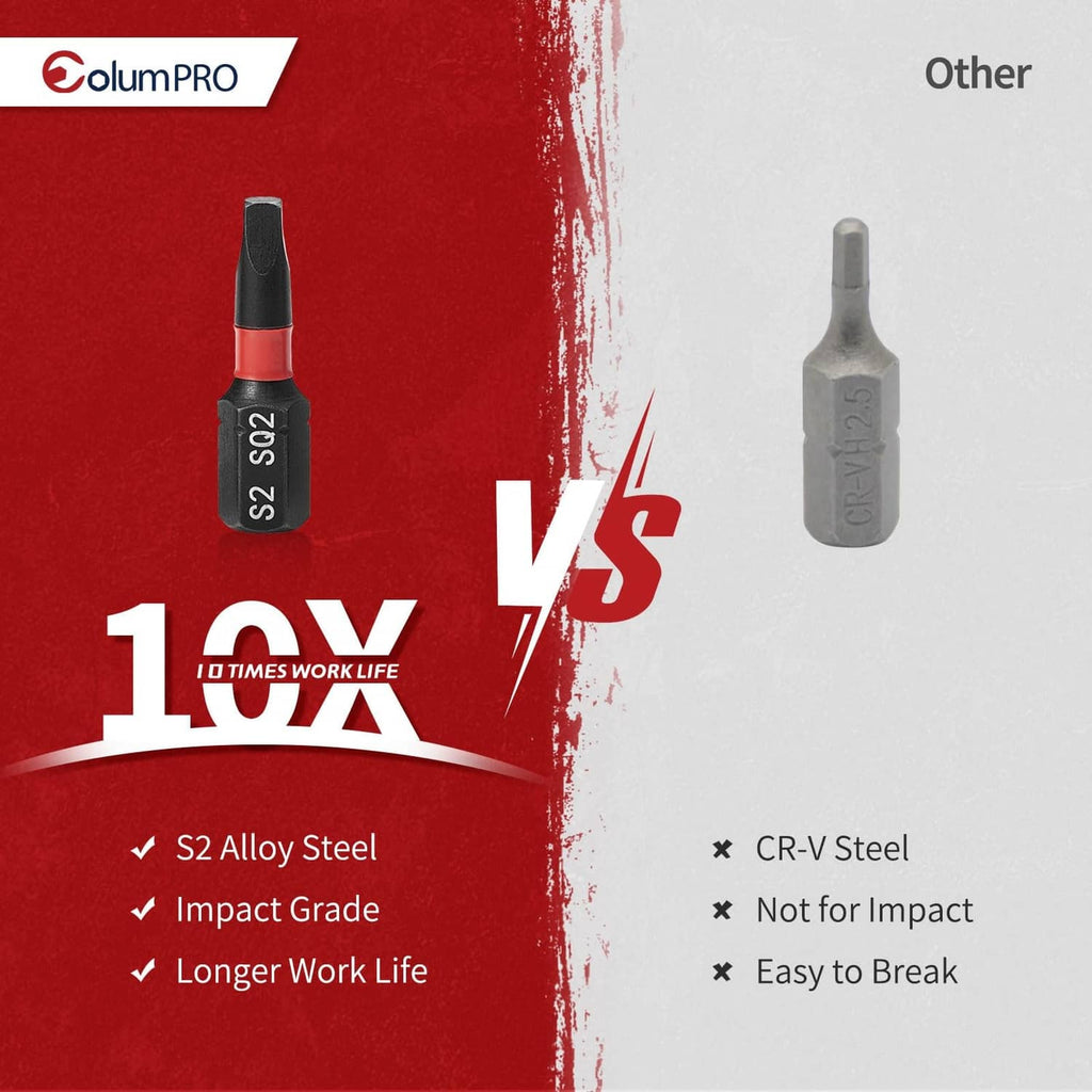 Two Robertson square drive bits, one black with red collar and one gray