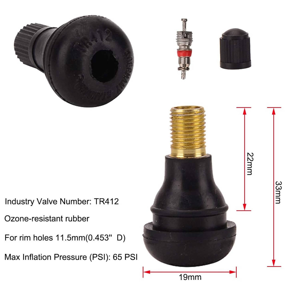 TR412 tire valve stem: ozone-resistant rubber with brass insert, size and PSI markings