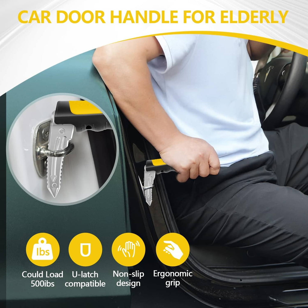Yellow-and-black car door assist handle with black strap for getting in and out