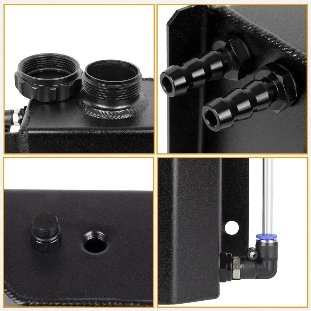 Black reservoir tank showing threaded openings, cap, and connector fittings