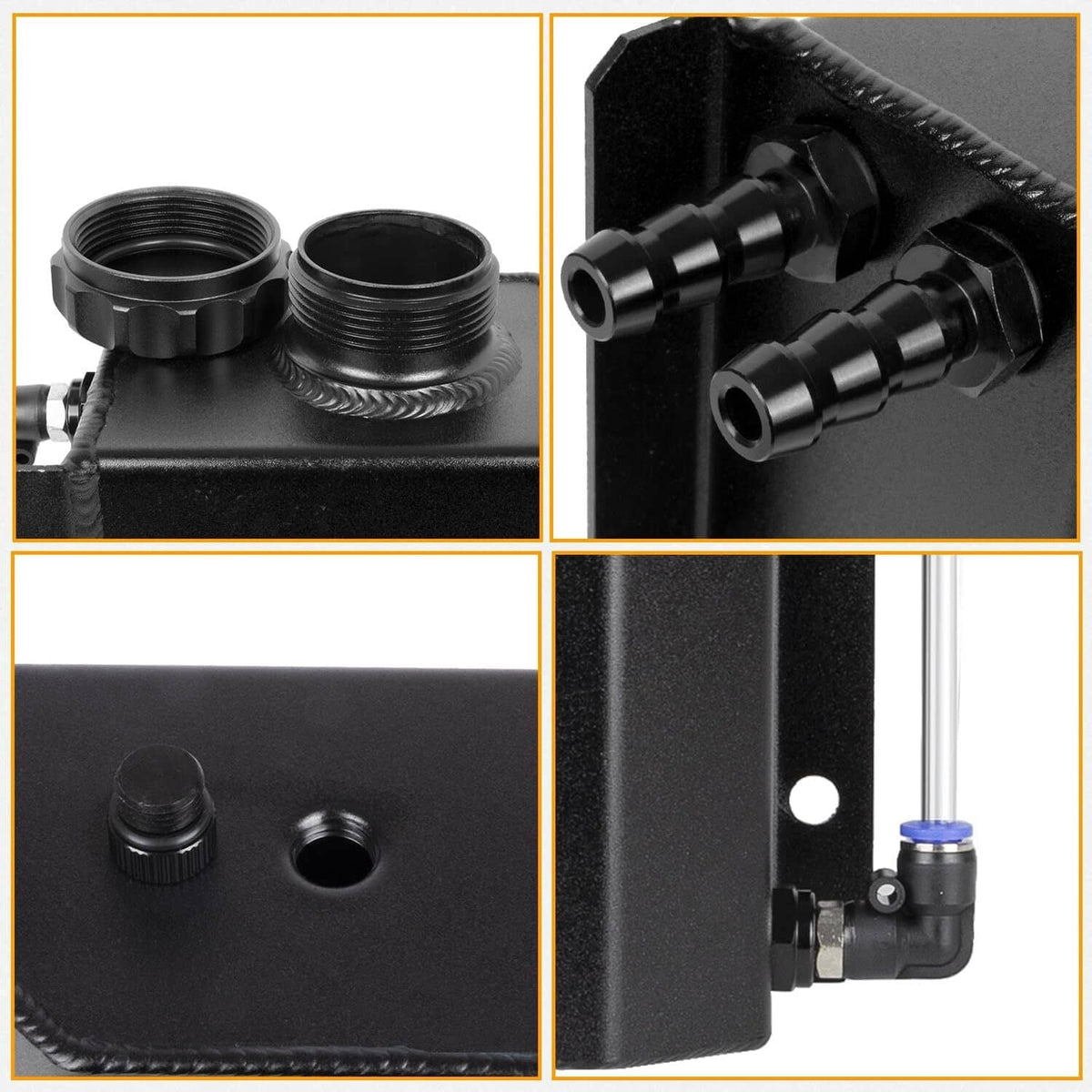 Black reservoir tank showing threaded openings, cap, and connector fittings