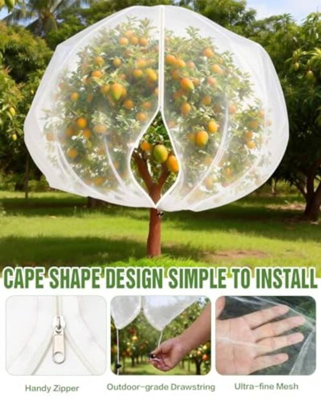 Transparent dome fruit tree netting with zipper opening and drawstring, breathable mesh