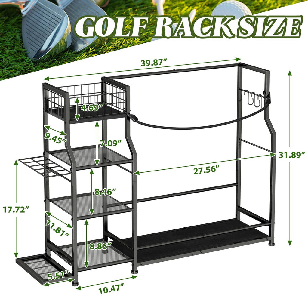 Black golf bag storage rack stand with measurement labels and tiered shelves