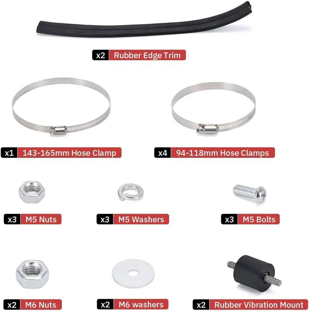 Intake kit hardware and clamps: rubber edge trim, hose clamps, nuts, washers, bolts, mounts