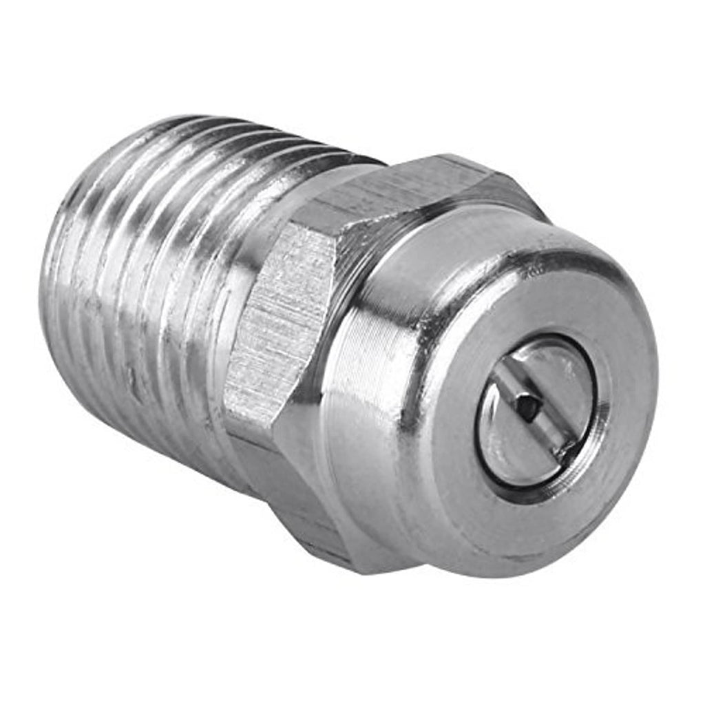 Stainless steel pressure washer nozzle adapter close-up with threaded coupler and front orifice