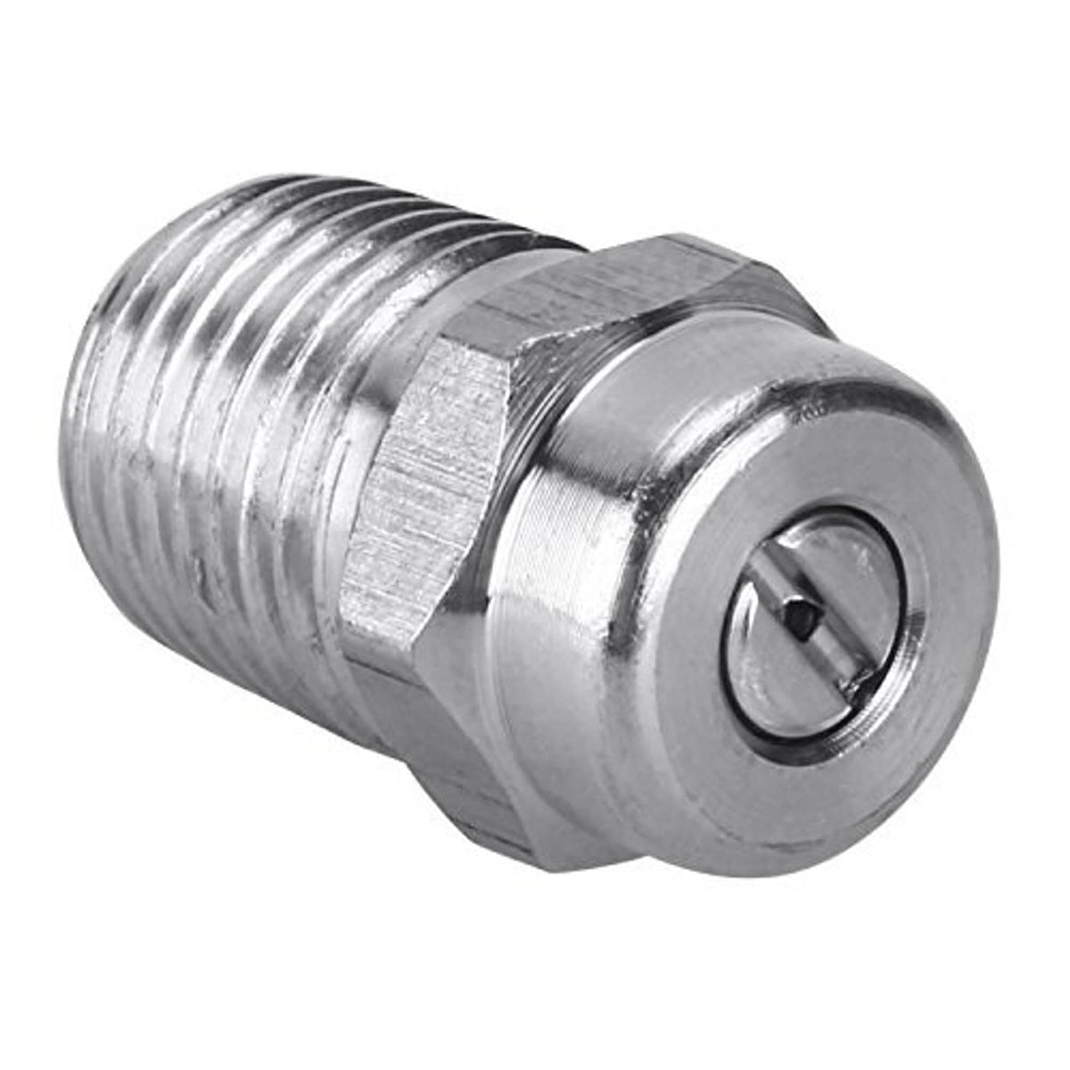 Stainless steel pressure washer nozzle adapter close-up with threaded coupler and front orifice