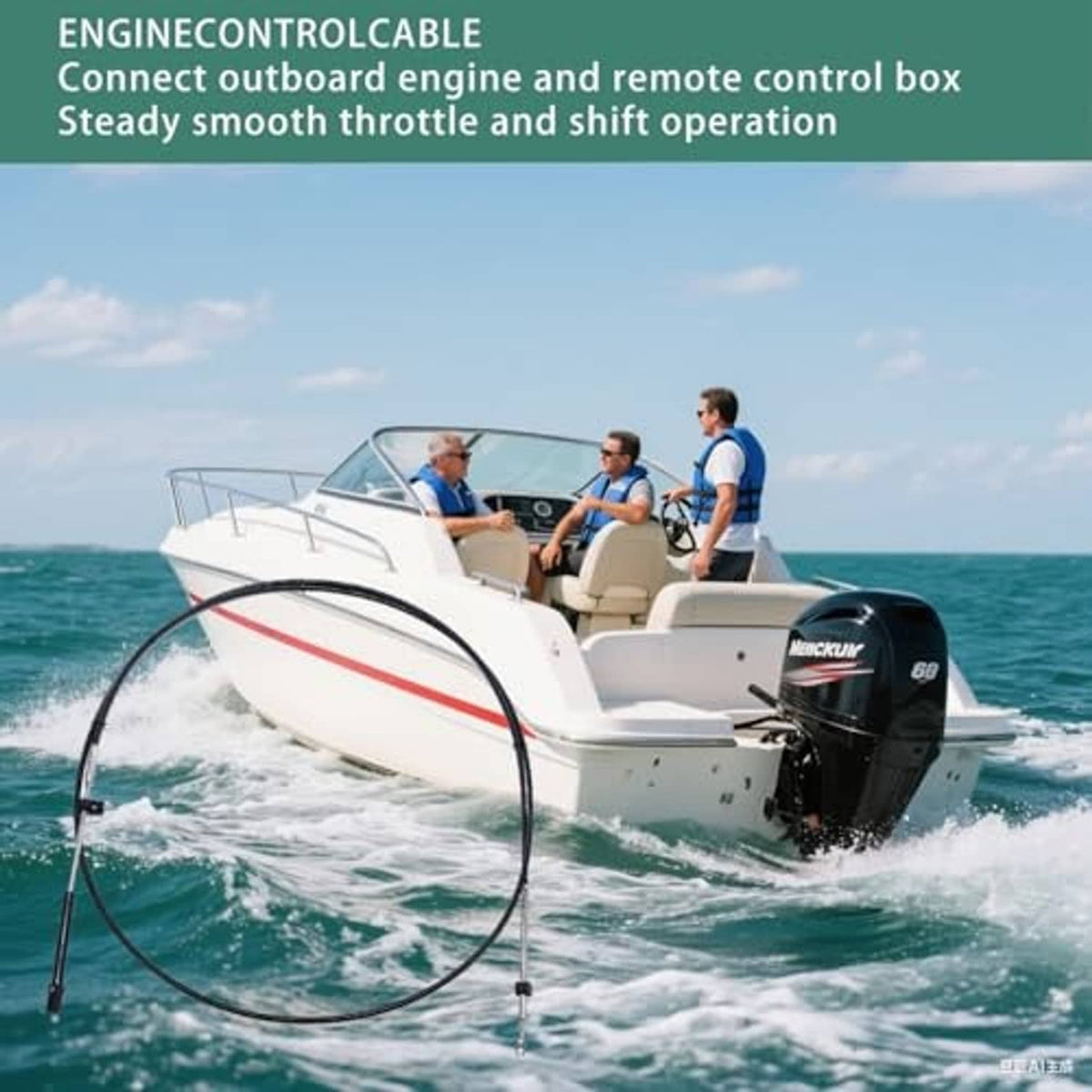Boat control cables on a motorboat, black sheaths with metal connectors near engine
