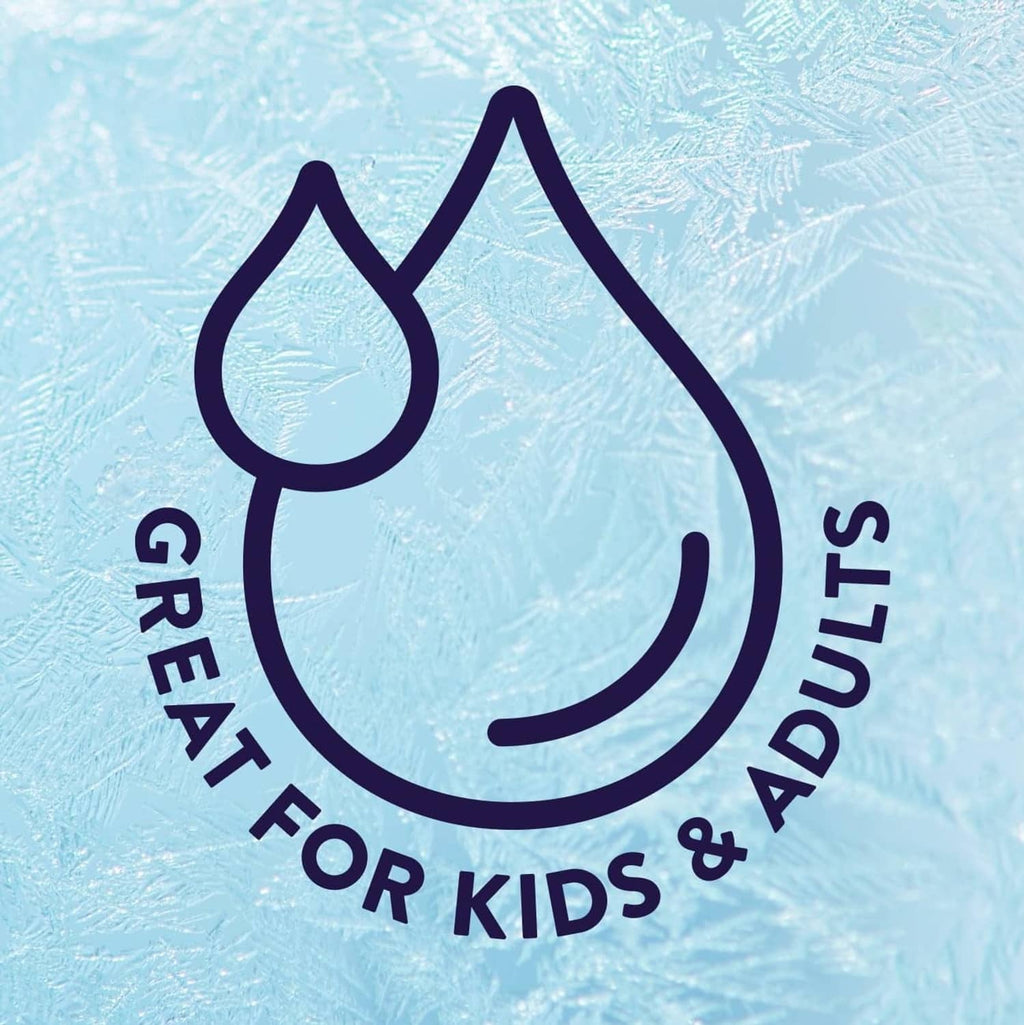 Hydration droplet icon reading great for kids & adults