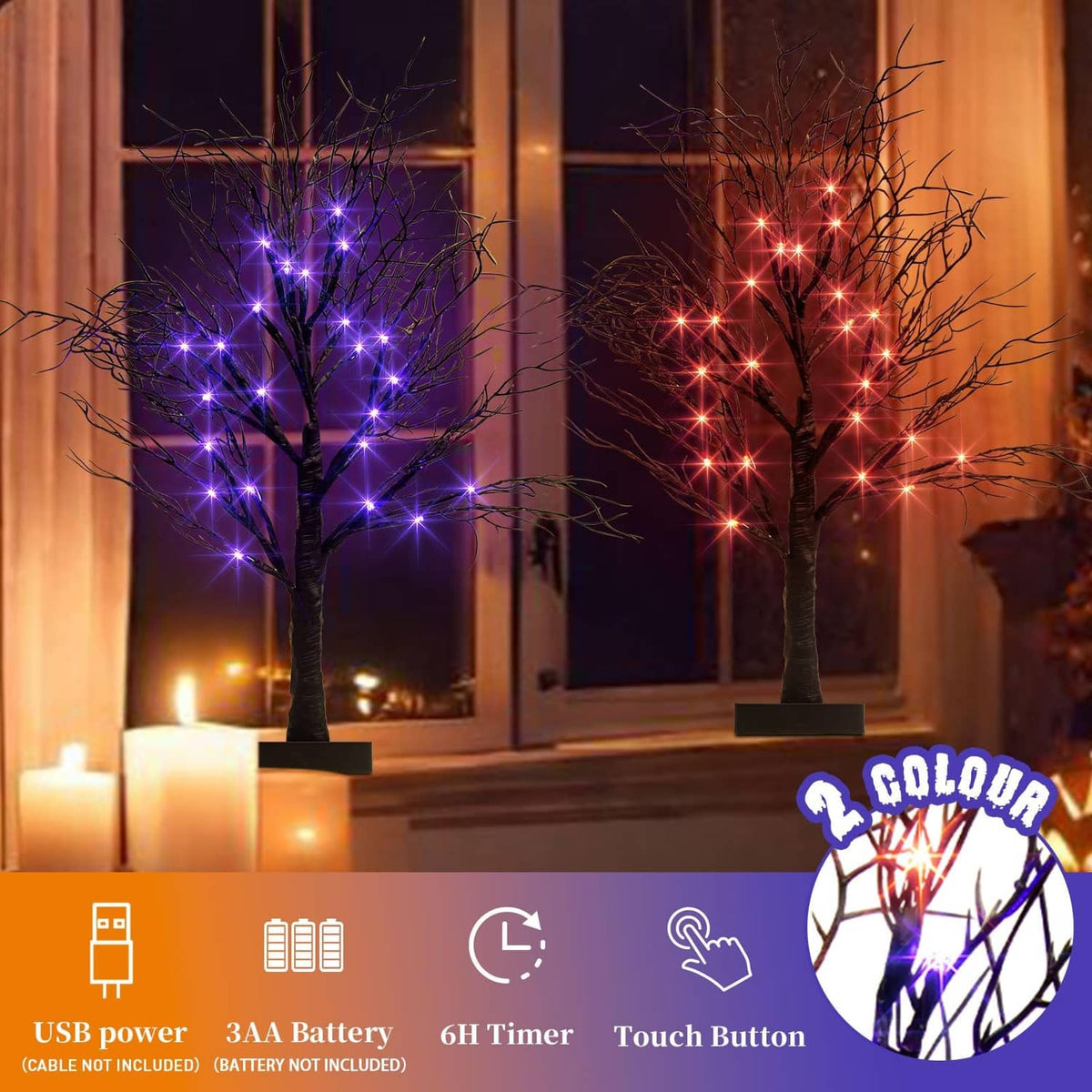 Halloween LED light trees with purple and orange branches, tall with base stands
