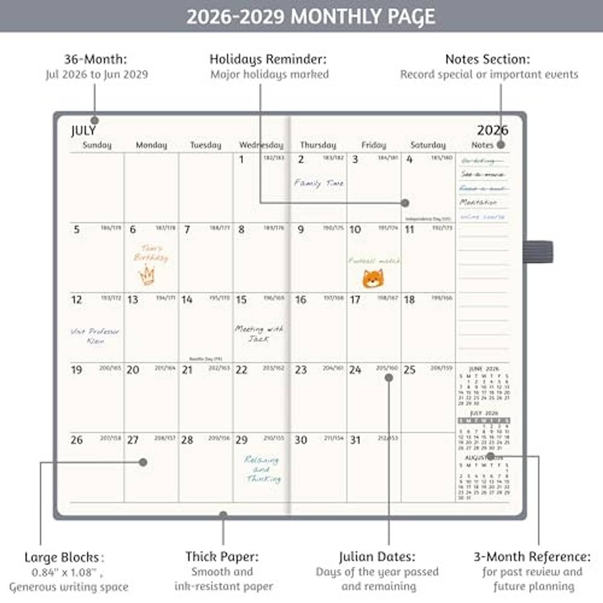 2026-29 monthly page layout with notes section and marked dates on planner