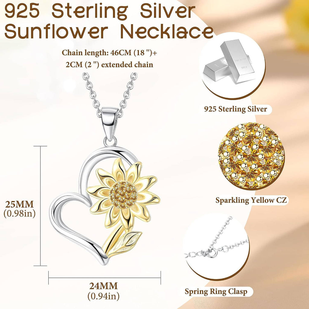 Sunflower heart pendant necklace in sterling silver with gold-plated sunflower and spring ring clasp.
