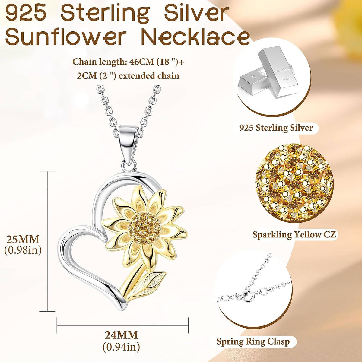 Sunflower heart pendant necklace in sterling silver with gold-plated sunflower and spring ring clasp.