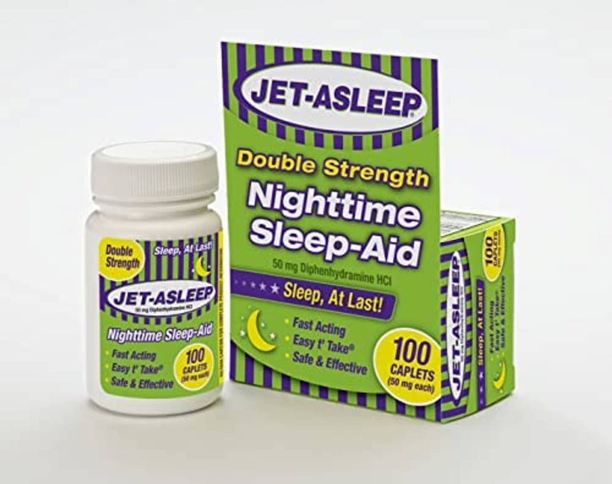 Jet-Asleep double strength nighttime sleep-aid bottle and box, 100 caplets on white