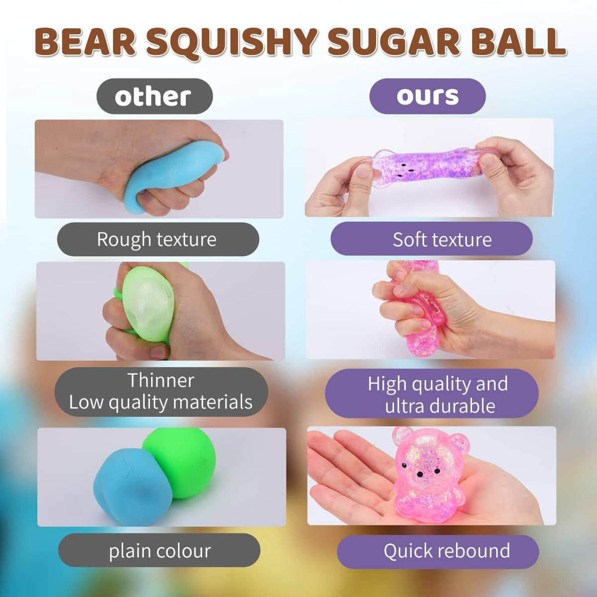 Glitter bear squish sugar ball toys in hands, multiple colors
