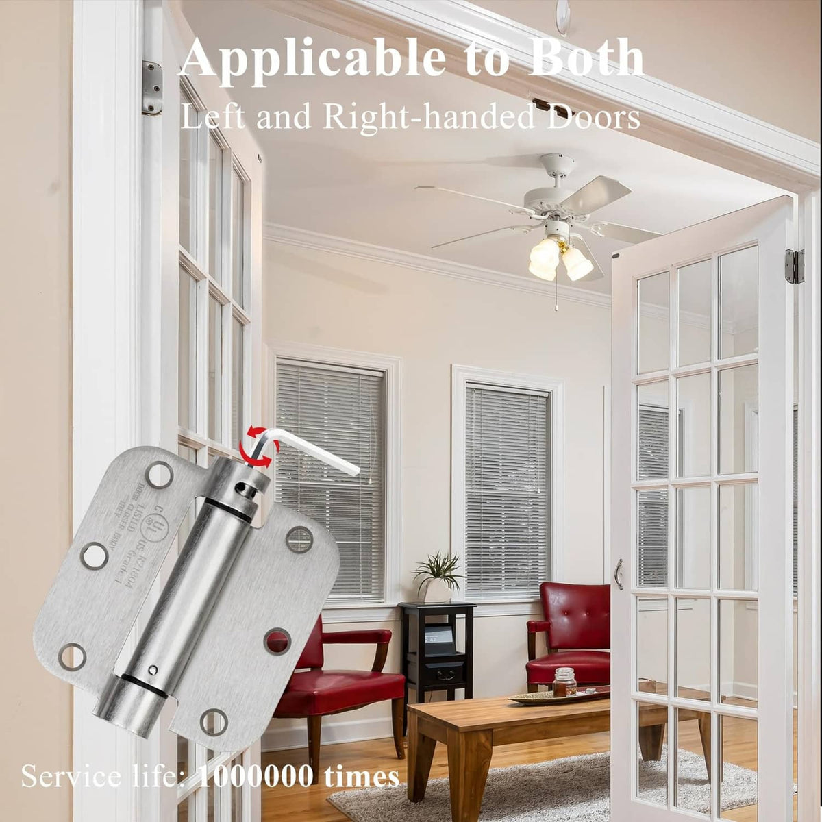 Self-closing door hinge in satin nickel, mounted to door with visible screws