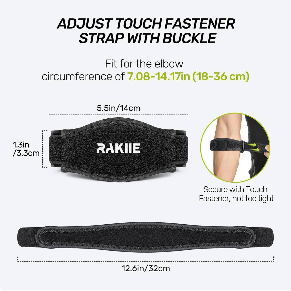 Adjustable tennis elbow strap brace with touch-fastener buckle and padded insert.