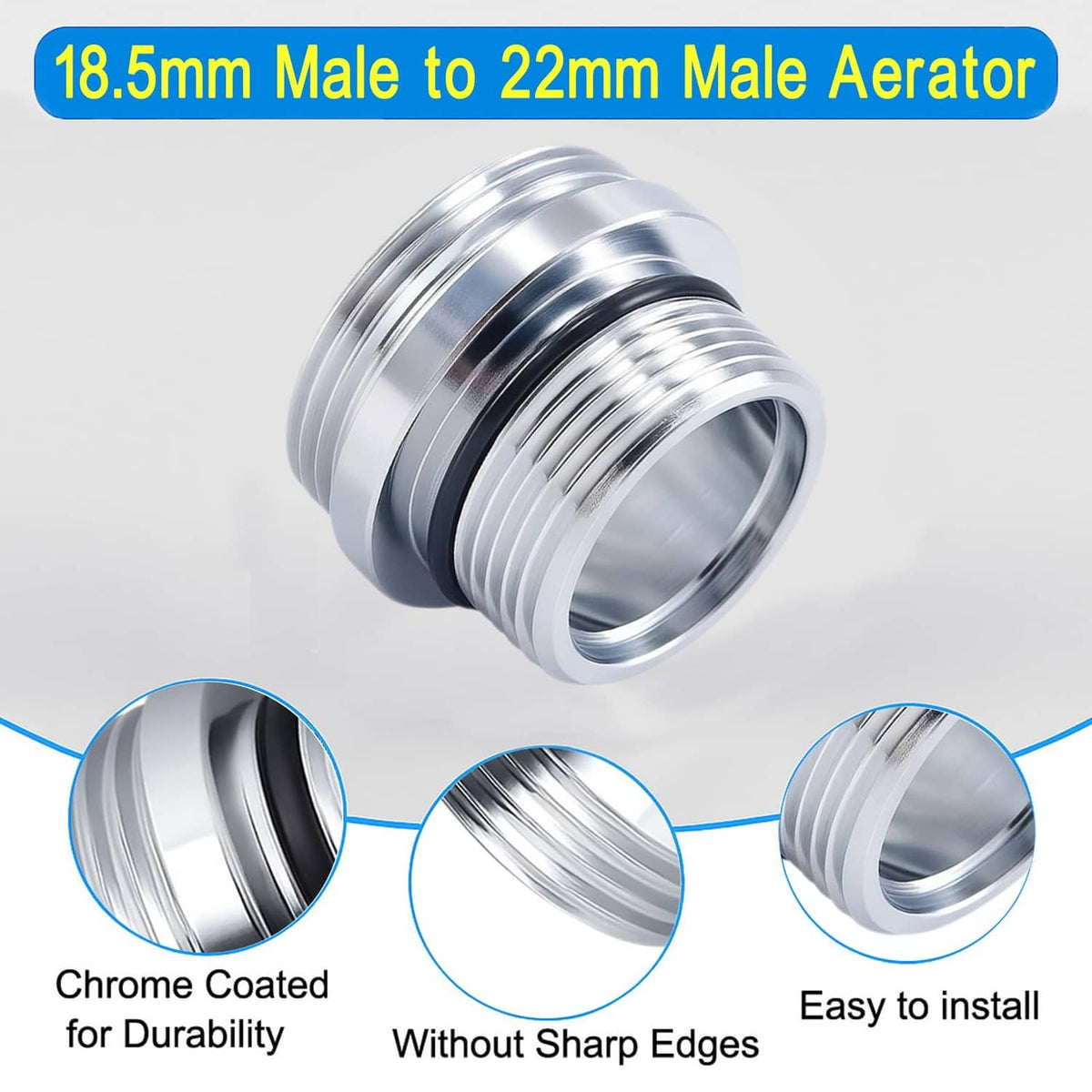 Silver male-to-male aerator adapter with smooth-edged chrome sleeve