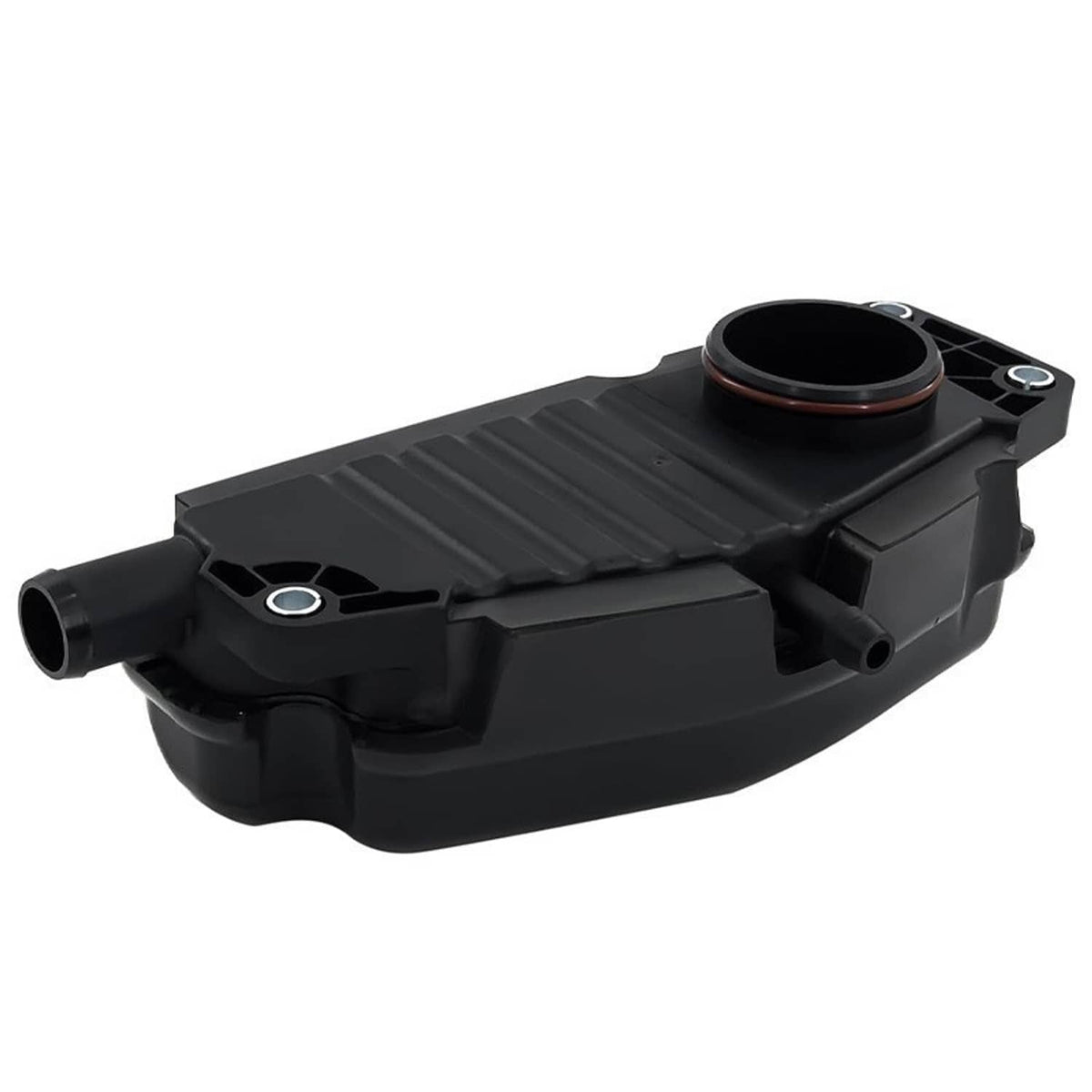 Black crankcase breather housing with vent cap and side outlet stub